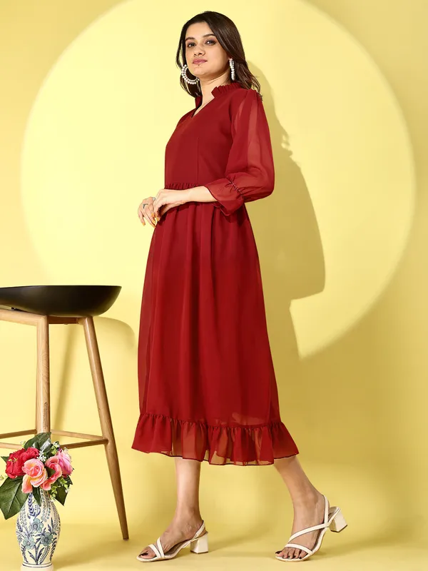 Maroon_Premium_Georgette_Solid_Dress_For_Women