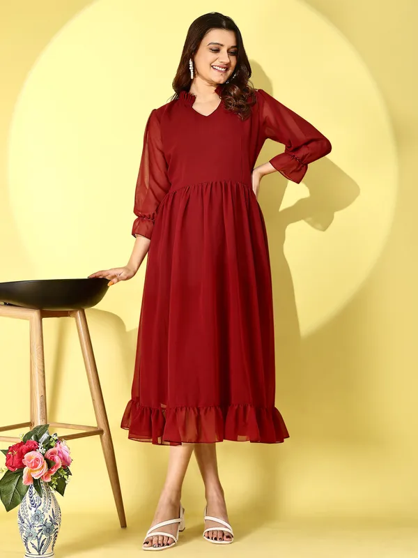Maroon_Premium_Georgette_Solid_Dress_For_Women