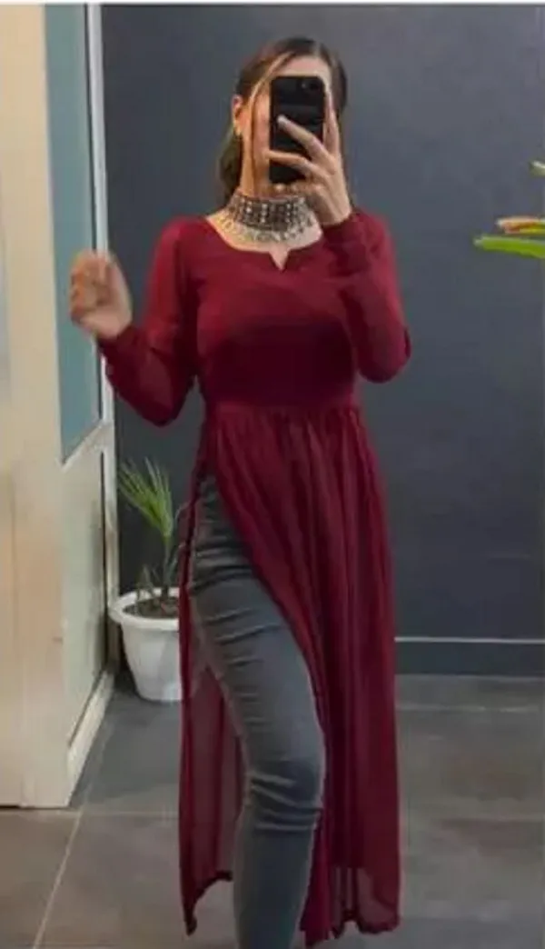 Maroon_Premium_Georgette_Solid_Kurta_For_Women