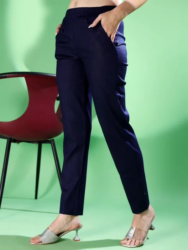 Dark_Blue_Premium_Cotton_Blend_Solid_Casual_Trousers_For_Women