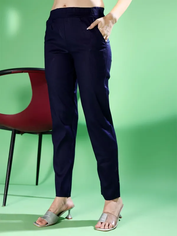 Dark_Blue_Premium_Cotton_Blend_Solid_Casual_Trousers_For_Women