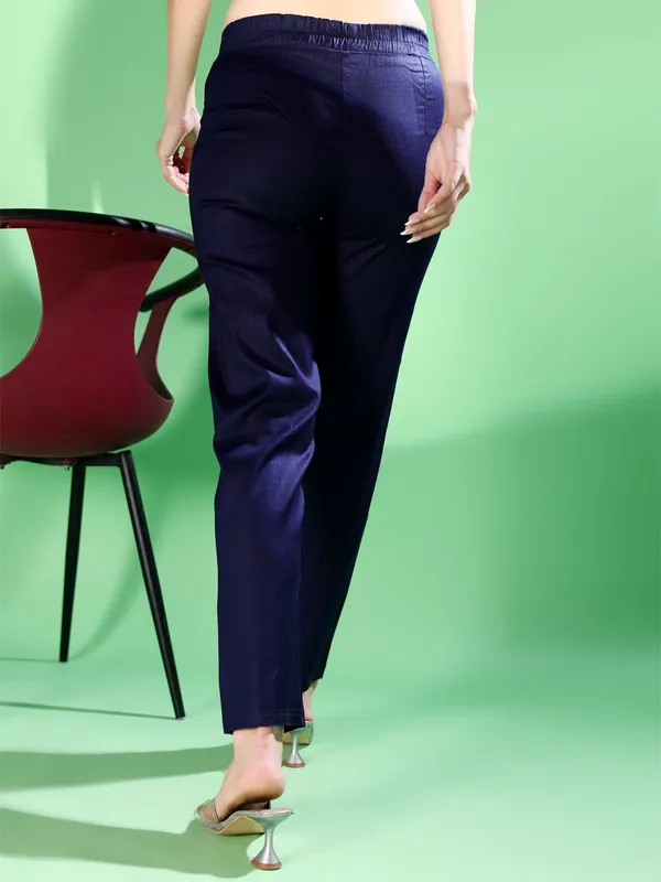 Dark_Blue_Premium_Cotton_Blend_Solid_Casual_Trousers_For_Women