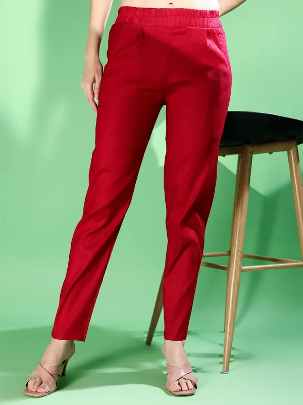 Maroon_Premium_Cotton_Blend_Solid_Casual_Trousers_For_Women