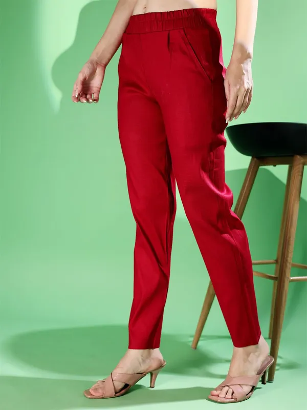 Maroon_Premium_Cotton_Blend_Solid_Casual_Trousers_For_Women