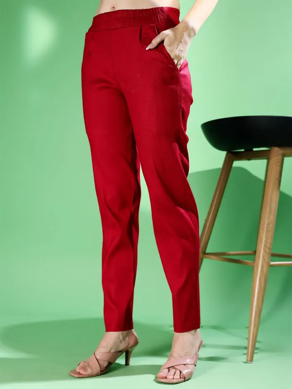 Maroon_Premium_Cotton_Blend_Solid_Casual_Trousers_For_Women