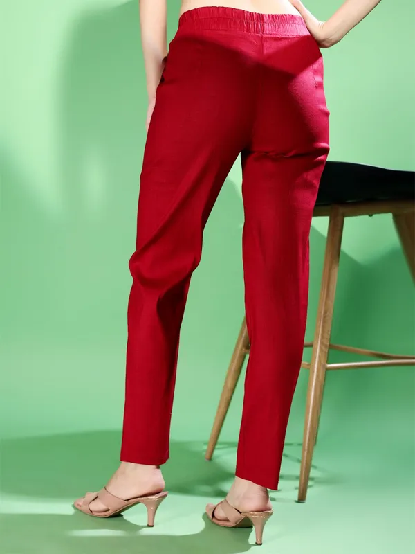 Maroon_Premium_Cotton_Blend_Solid_Casual_Trousers_For_Women