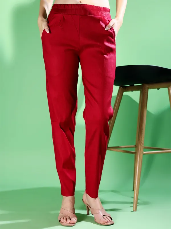 Maroon_Premium_Cotton_Blend_Solid_Casual_Trousers_For_Women