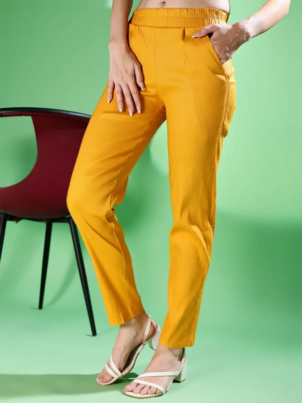 Yellow_Premium_Cotton_Blend_Solid_Casual_Trousers_For_Women