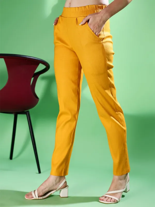 Yellow_Premium_Cotton_Blend_Solid_Casual_Trousers_For_Women