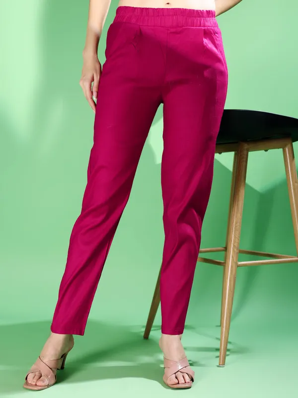 Pink_Premium_Cotton_Blend_Solid_Casual_Trousers_For_Women