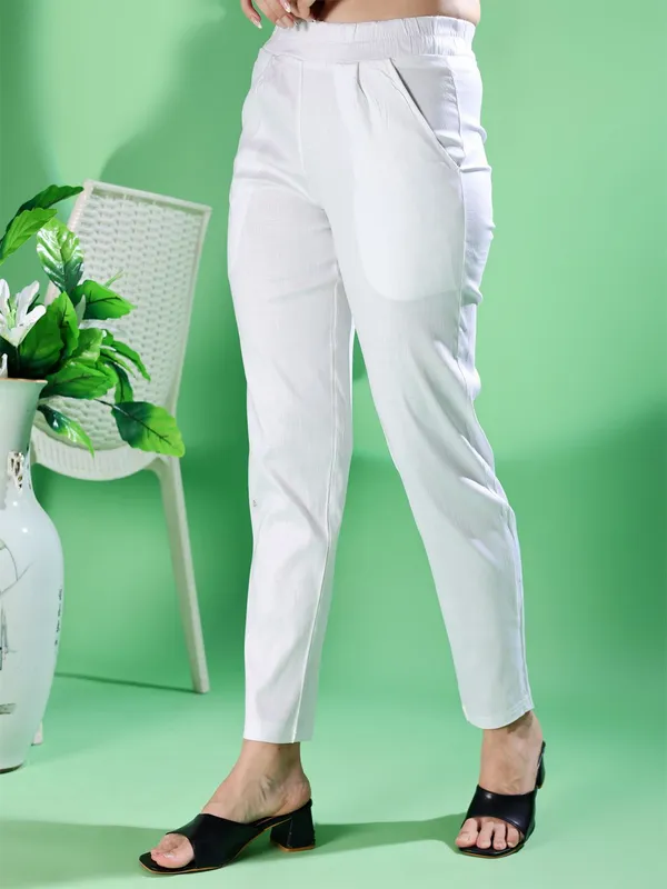 White_Premium_Cotton_Blend_Solid_Casual_Trousers_For_Women