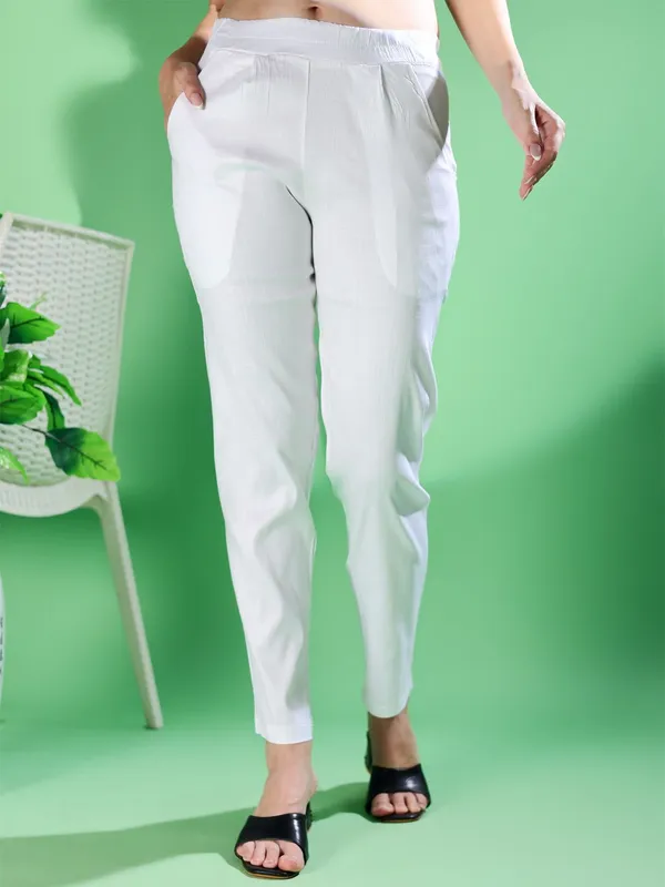 White_Premium_Cotton_Blend_Solid_Casual_Trousers_For_Women