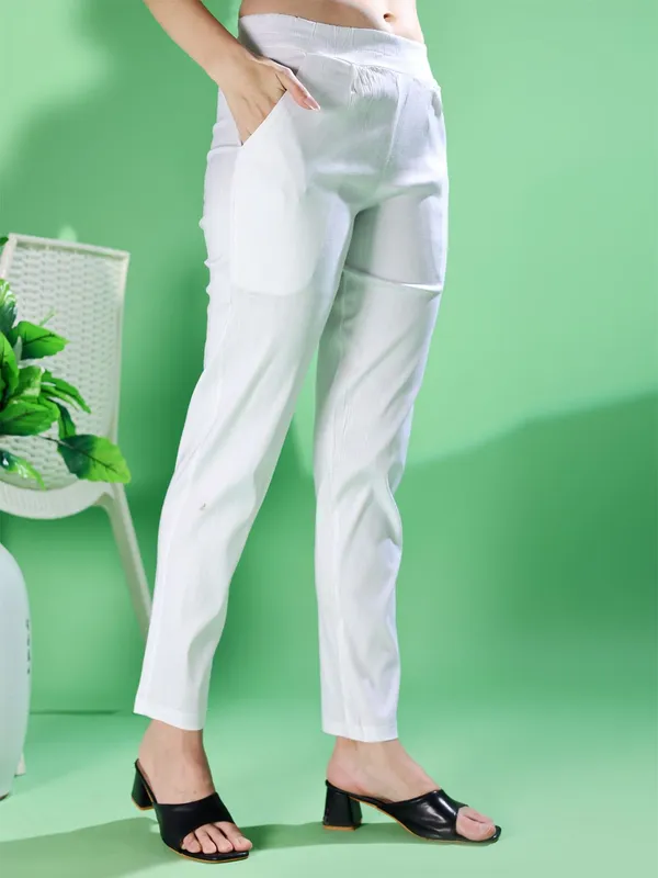 White_Premium_Cotton_Blend_Solid_Casual_Trousers_For_Women