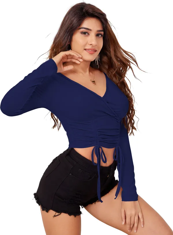 Dark_Blue_Solid_Polyester_V-Neck_Full_Sleeve_Crop_Top_For_Women