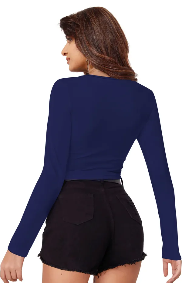 Dark_Blue_Solid_Polyester_V-Neck_Full_Sleeve_Crop_Top_For_Women