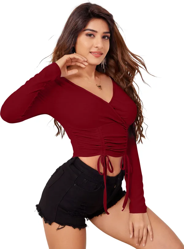 Maroon_Solid_Polyester_V-Neck_Full_Sleeve_Crop_Top_For_Women