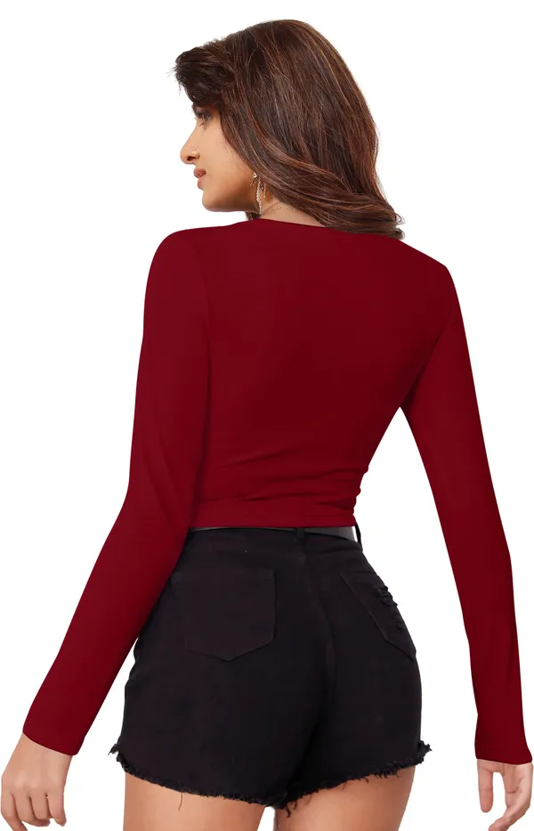Maroon_Solid_Polyester_V-Neck_Full_Sleeve_Crop_Top_For_Women