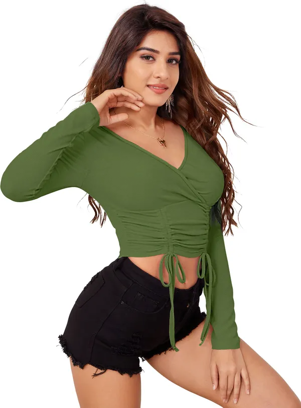 Green_Solid_Polyester_V-Neck_Full_Sleeve_Crop_Top_For_Women
