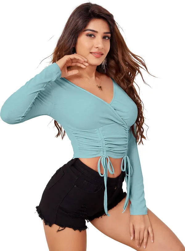 Light_Blue_Solid_Polyester_V-Neck_Full_Sleeve_Crop_Top_For_Women