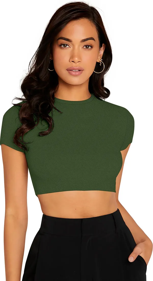 Green_Solid_Polyester_Round_Neck_Short_Sleeve_Crop_Top_For_Women