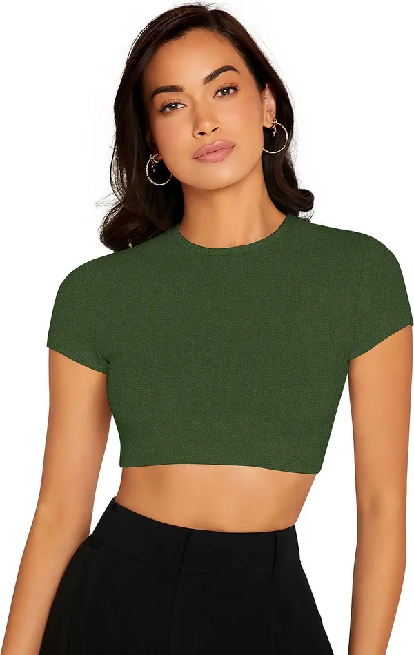 Green_Solid_Polyester_Round_Neck_Short_Sleeve_Crop_Top_For_Women