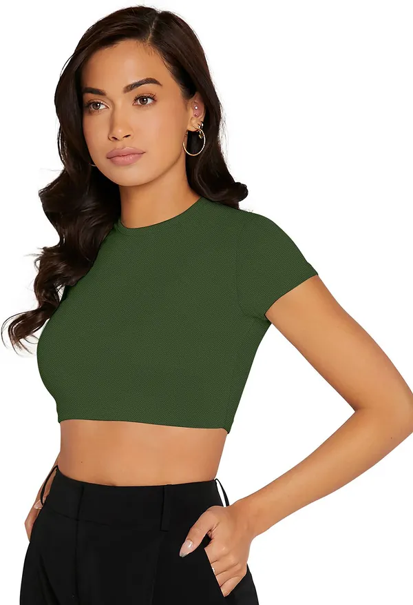 Green_Solid_Polyester_Round_Neck_Short_Sleeve_Crop_Top_For_Women