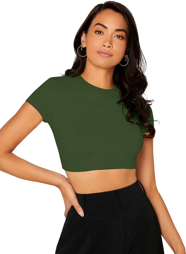 Green_Solid_Polyester_Round_Neck_Short_Sleeve_Crop_Top_For_Women