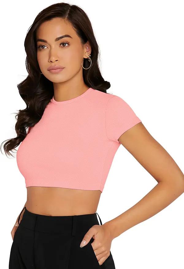 Pink_Solid_Polyester_Round_Neck_Short_Sleeve_Crop_Top_For_Women