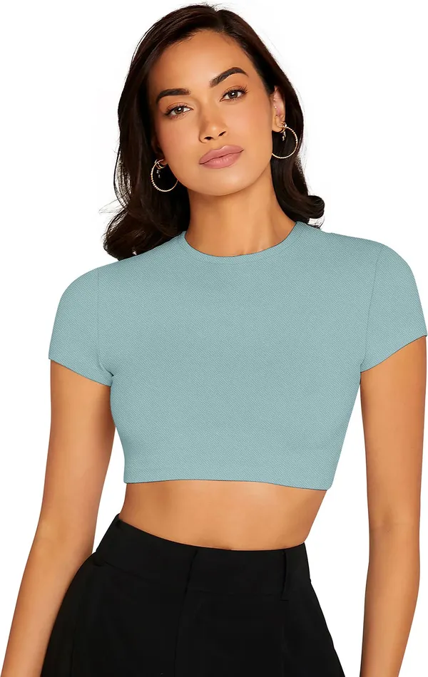 Light_Blue_Solid_Polyester_Round_Neck_Short_Sleeve_Crop_Top_For_Women
