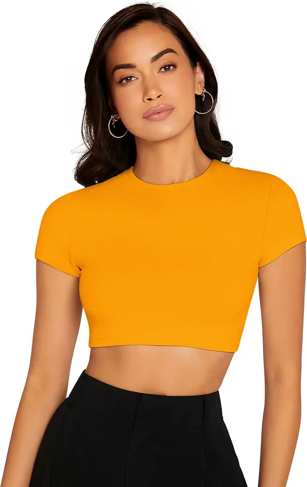 Yellow_Solid_Polyester_Round_Neck_Short_Sleeve_Crop_Top_For_Women