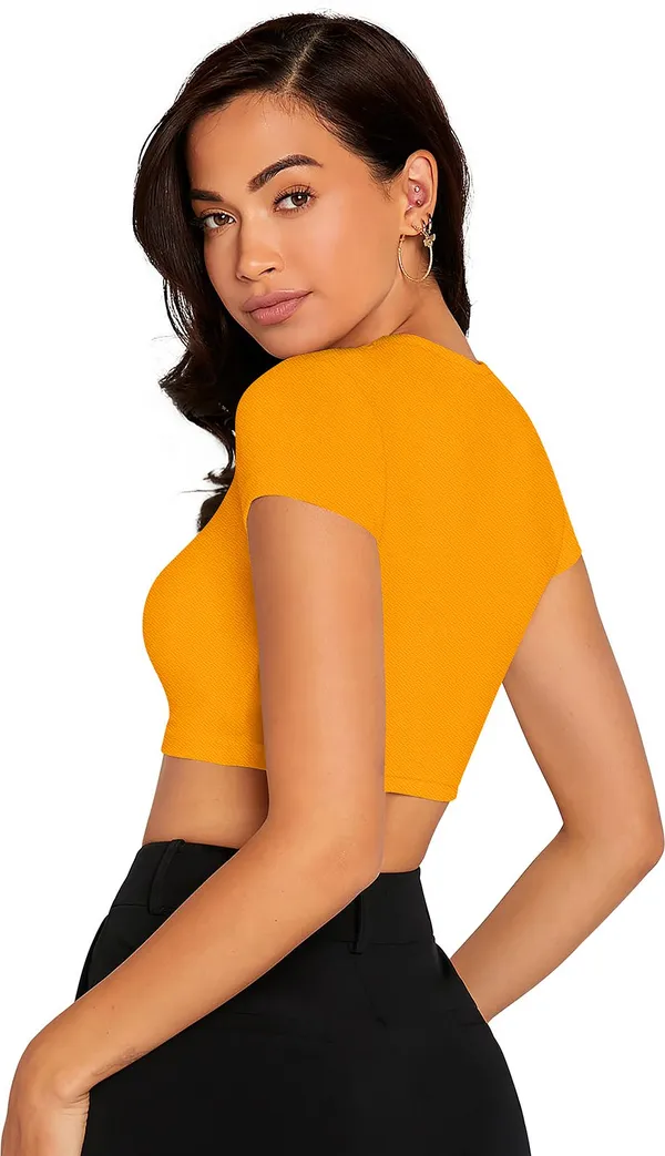 Yellow_Solid_Polyester_Round_Neck_Short_Sleeve_Crop_Top_For_Women