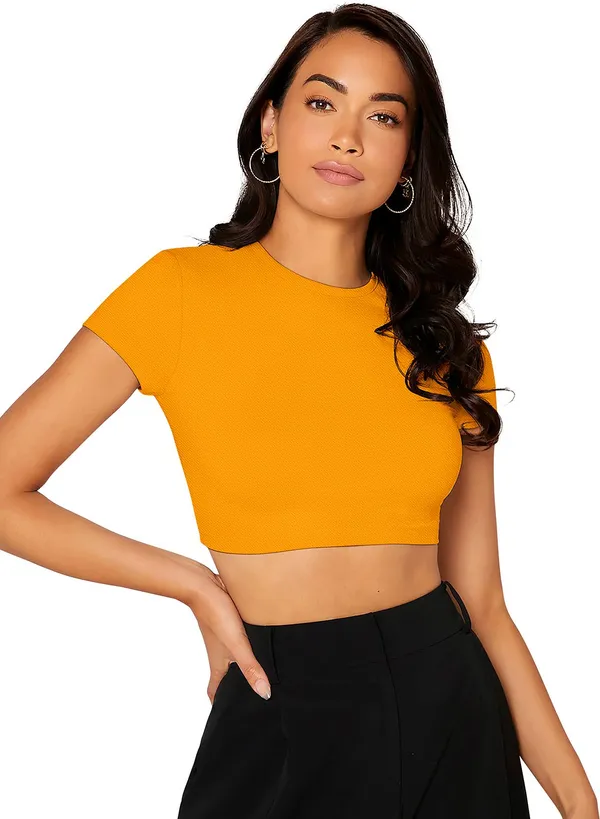 Yellow_Solid_Polyester_Round_Neck_Short_Sleeve_Crop_Top_For_Women