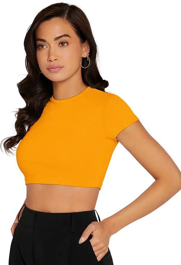 Yellow_Solid_Polyester_Round_Neck_Short_Sleeve_Crop_Top_For_Women
