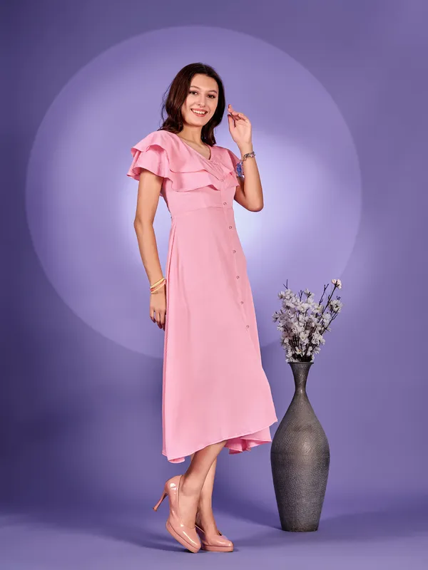 Pink_Premium_Polyester_Solid_Dress_For_Women