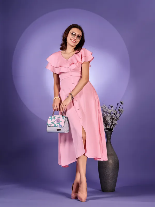 Pink_Premium_Polyester_Solid_Dress_For_Women