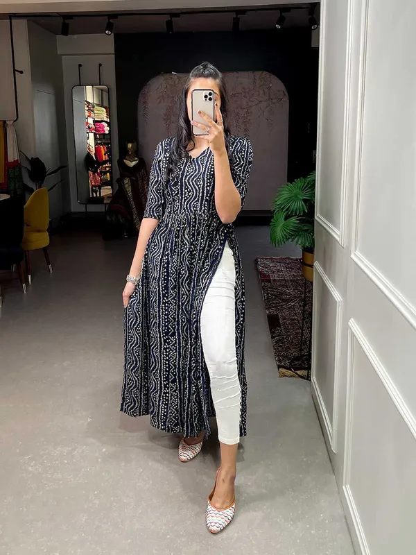 Dark_Blue_Premium_Crepe_Bandhani_Kurta_For_Women