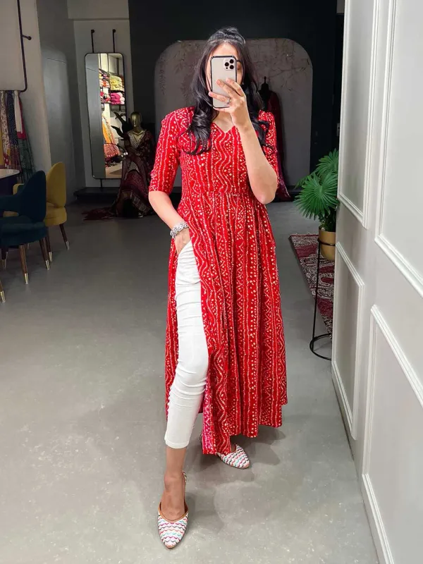 Red_Premium_Crepe_Bandhani_Kurta_For_Women