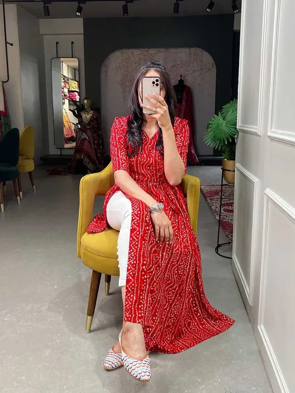 Red_Premium_Crepe_Bandhani_Kurta_For_Women