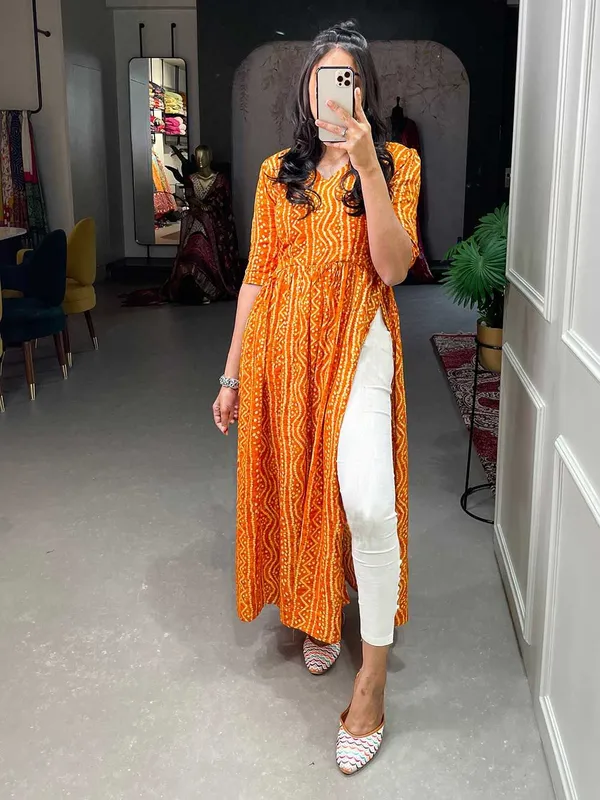 Yellow_Premium_Crepe_Bandhani_Kurta_For_Women