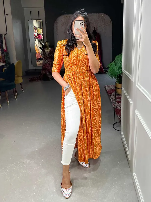 Yellow_Premium_Crepe_Bandhani_Kurta_For_Women