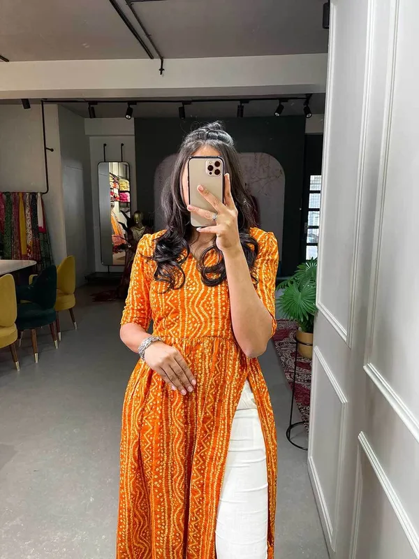 Yellow_Premium_Crepe_Bandhani_Kurta_For_Women