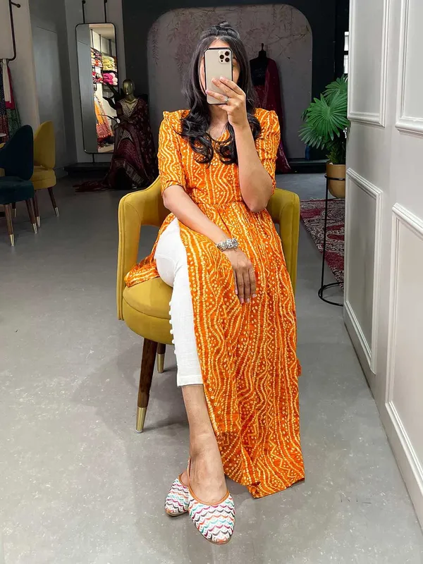 Yellow_Premium_Crepe_Bandhani_Kurta_For_Women