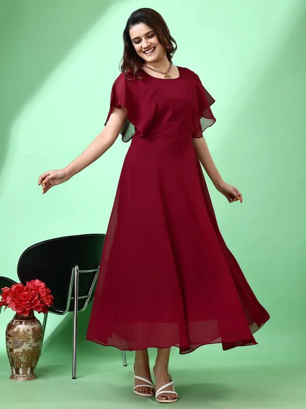 Maroon_Premium_Georgette_Solid_Dress_For_Women