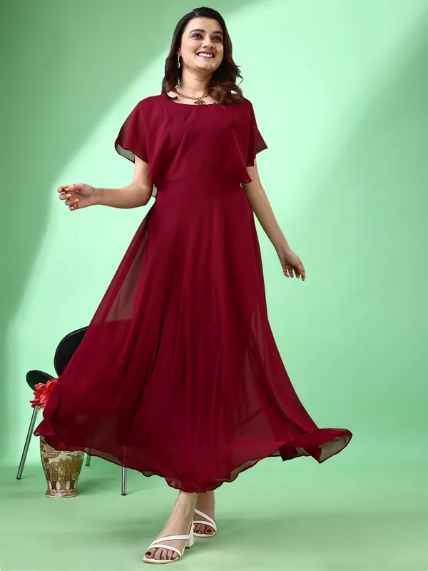 Maroon_Premium_Georgette_Solid_Dress_For_Women