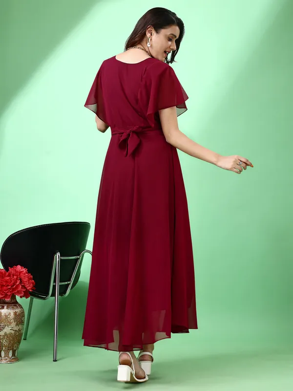Maroon_Premium_Georgette_Solid_Dress_For_Women