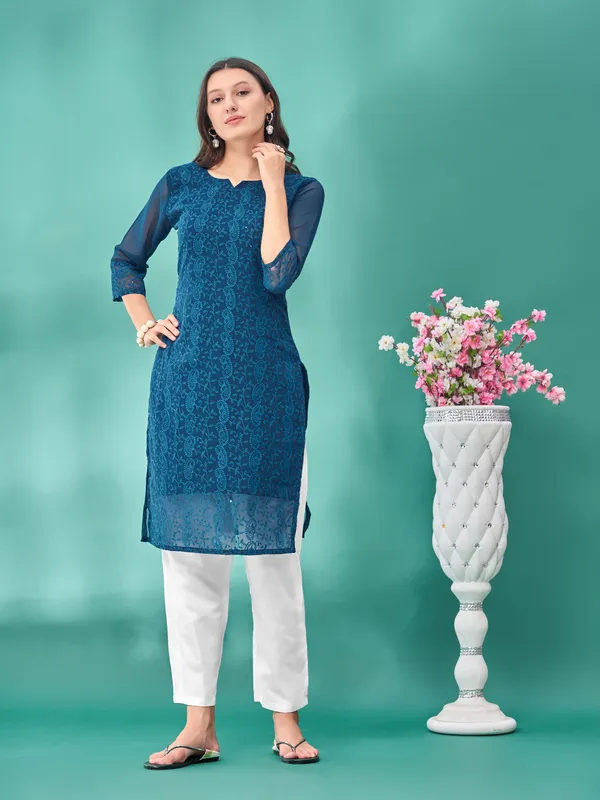 Blue_Premium_Georgette_Embroidered_Kurta_For_Women