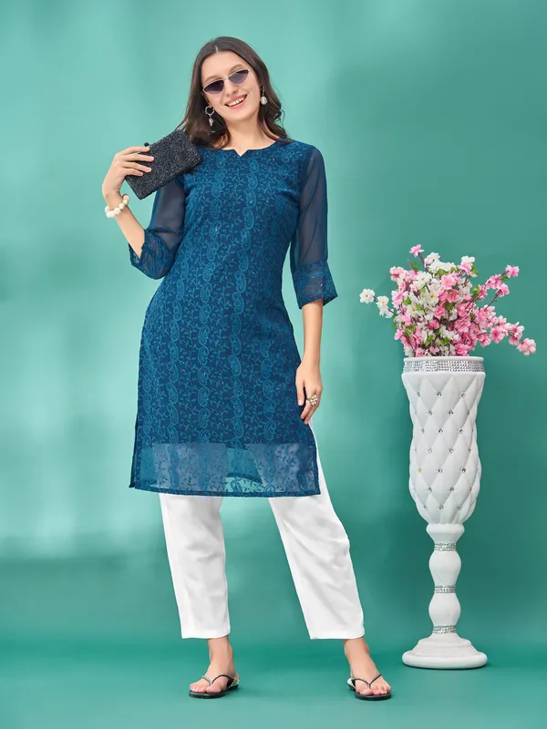 Blue_Premium_Georgette_Embroidered_Kurta_For_Women
