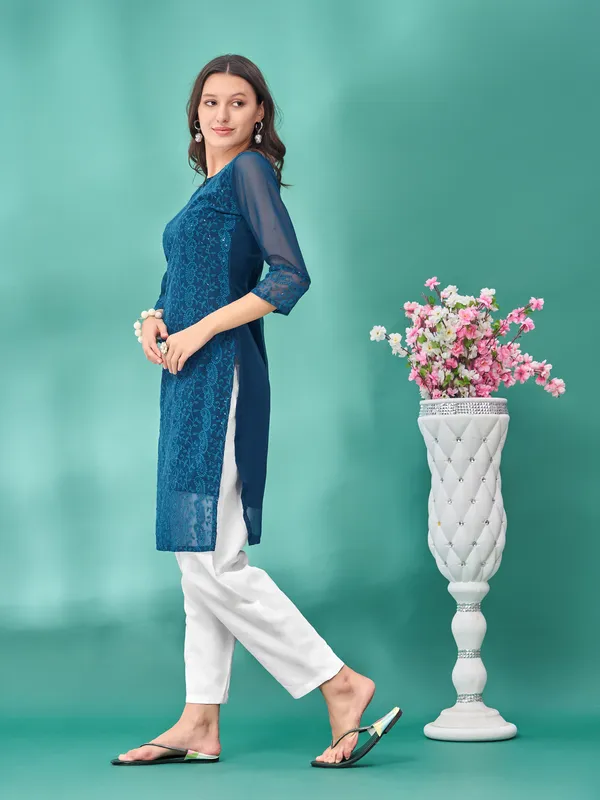 Blue_Premium_Georgette_Embroidered_Kurta_For_Women
