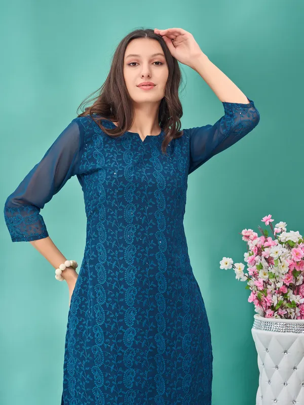 Blue_Premium_Georgette_Embroidered_Kurta_For_Women