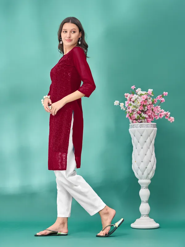 Maroon_Premium_Georgette_Embroidered_Kurta_For_Women